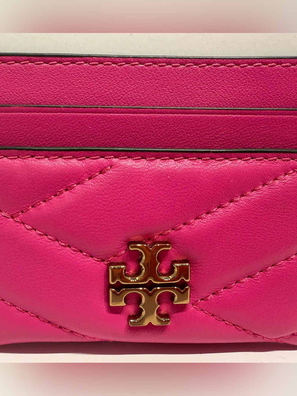 Tory Burch Kira Chevron Leather Card Holder Wallet Pink Gold Logo - Picture 2 of 4